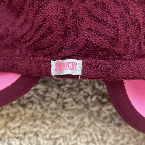 Burgundy lace Pink VS lace t-back bra, front close - Picture 3 of 4
